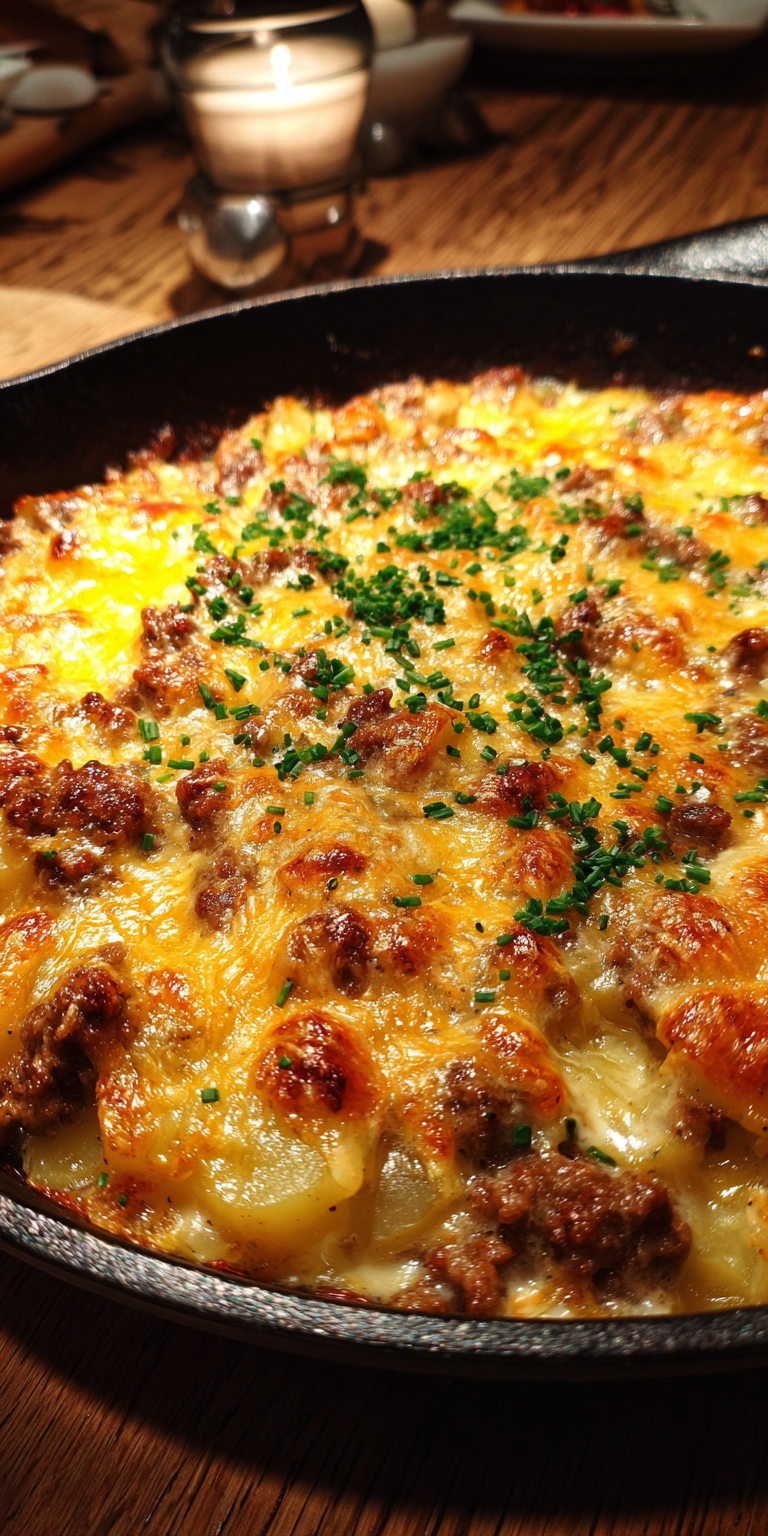Southwest Cheesy Ground Beef & Potato Skillet served warm with gentle spices and a cozy aroma