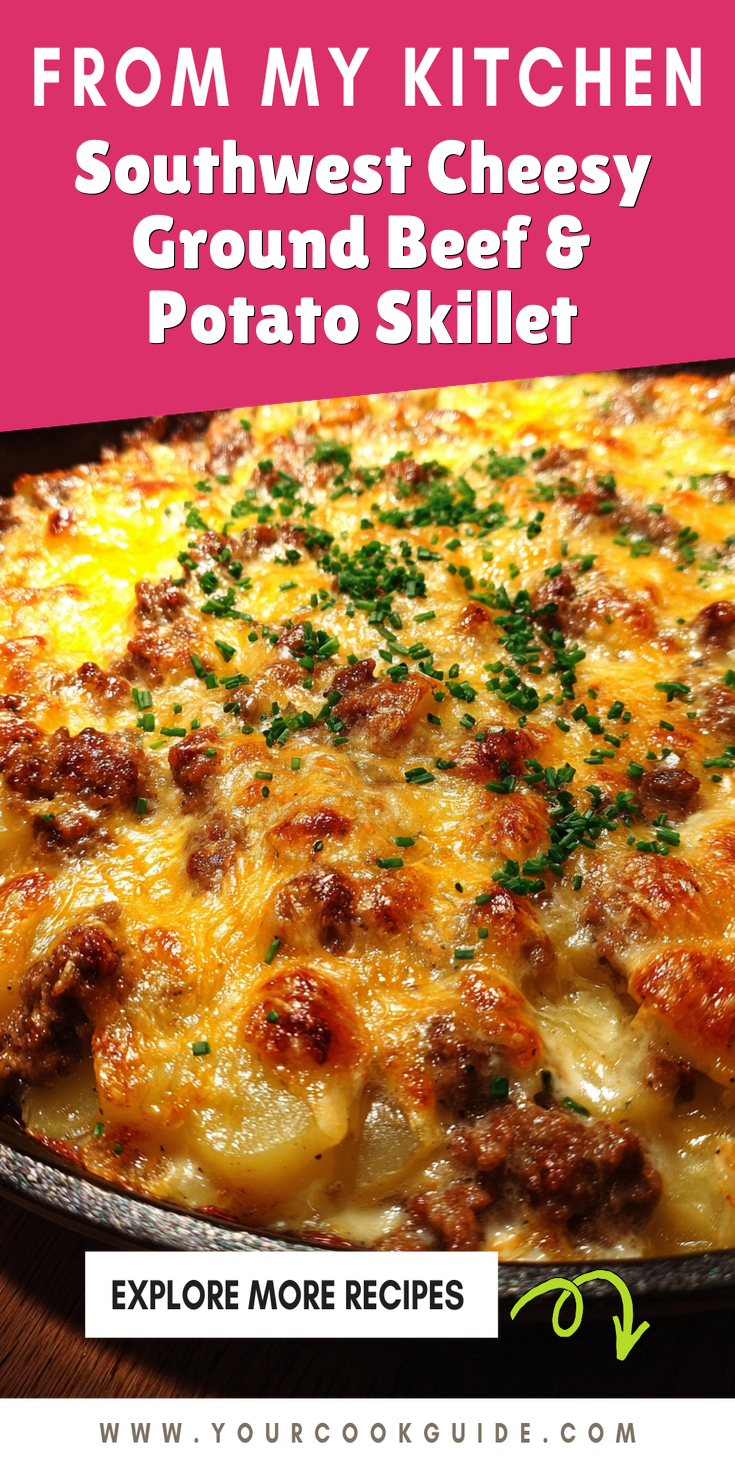 A hearty Southwest Cheesy Ground Beef & Potato Skillet with melted cheese and tender potatoes