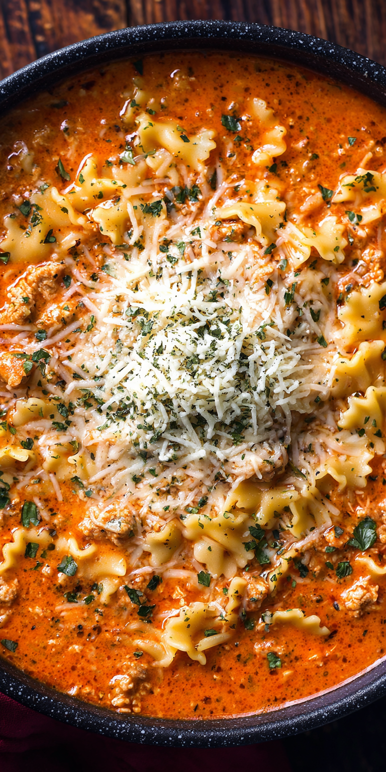 Stovetop Cheesy Lasagna Soup served warm with cozy spices