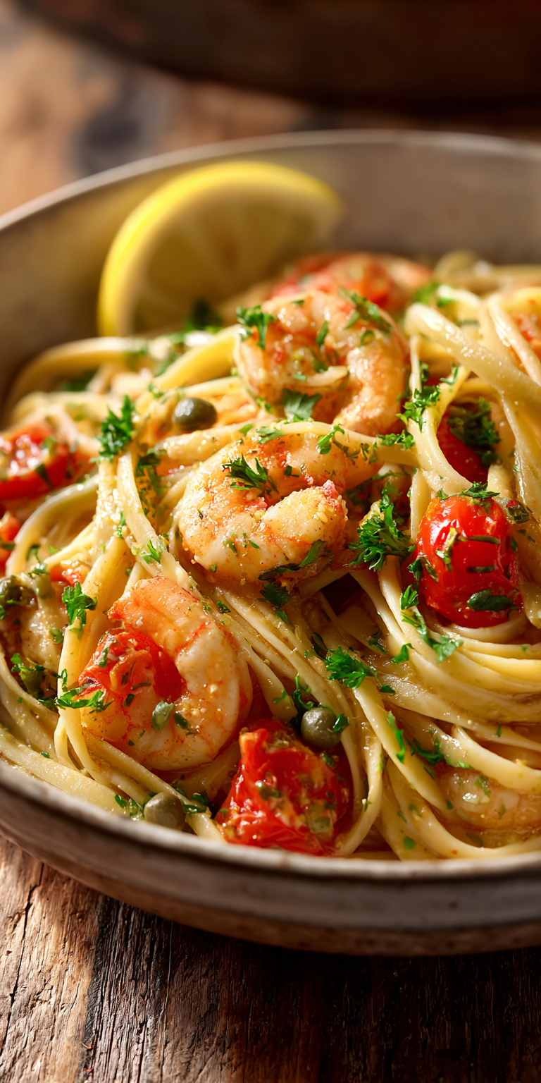 Tangy Tomato & Caper Shrimp Scampi – Mediterranean Style served warm with cozy spices