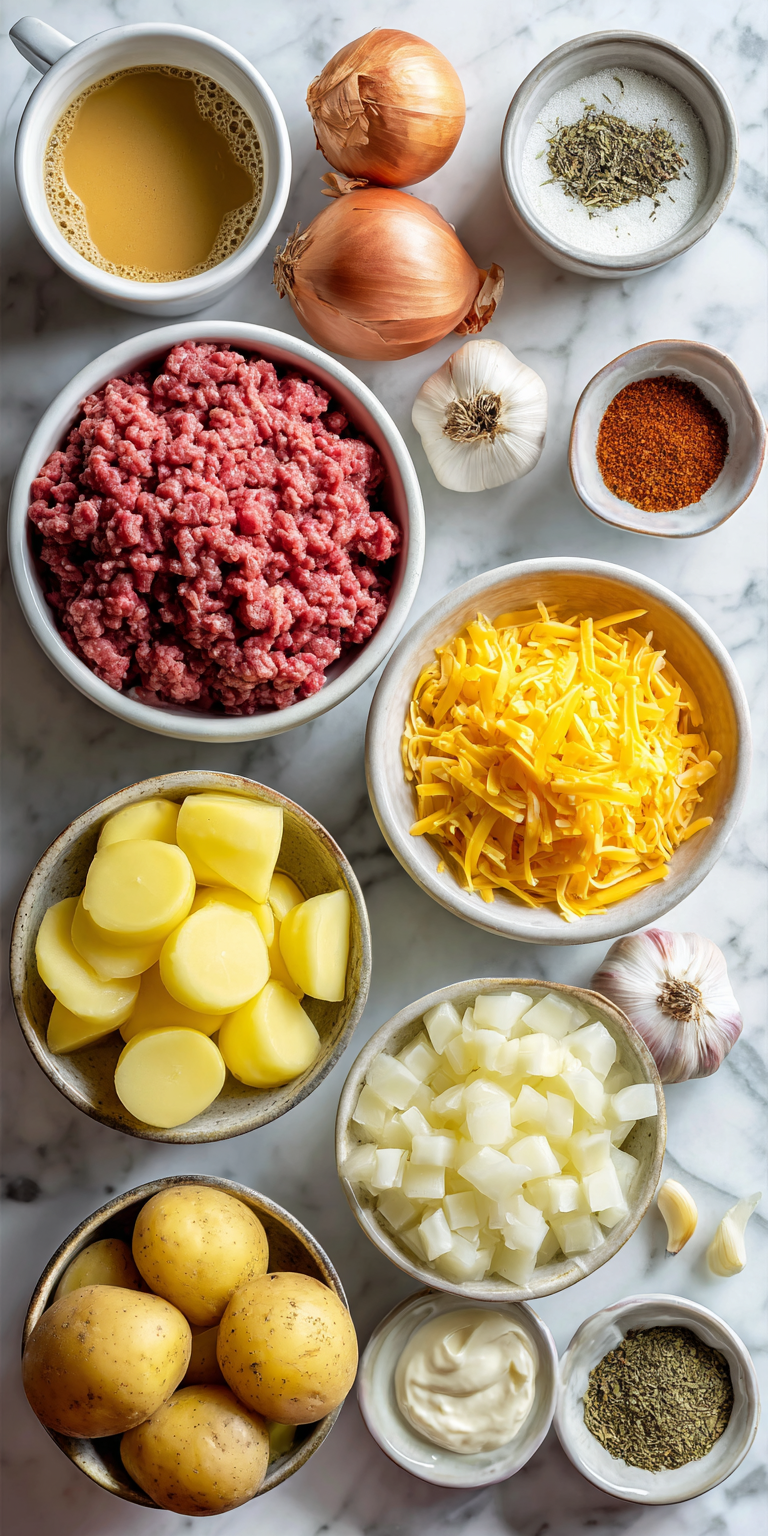 Close-up of raw ground beef and fresh potatoes ready for the Ultimate Ground Beef & Potato Casserole
