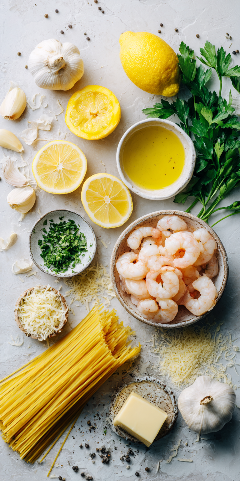 Fresh ingredients for zesty lemon-herb shrimp scampi with bright flavors