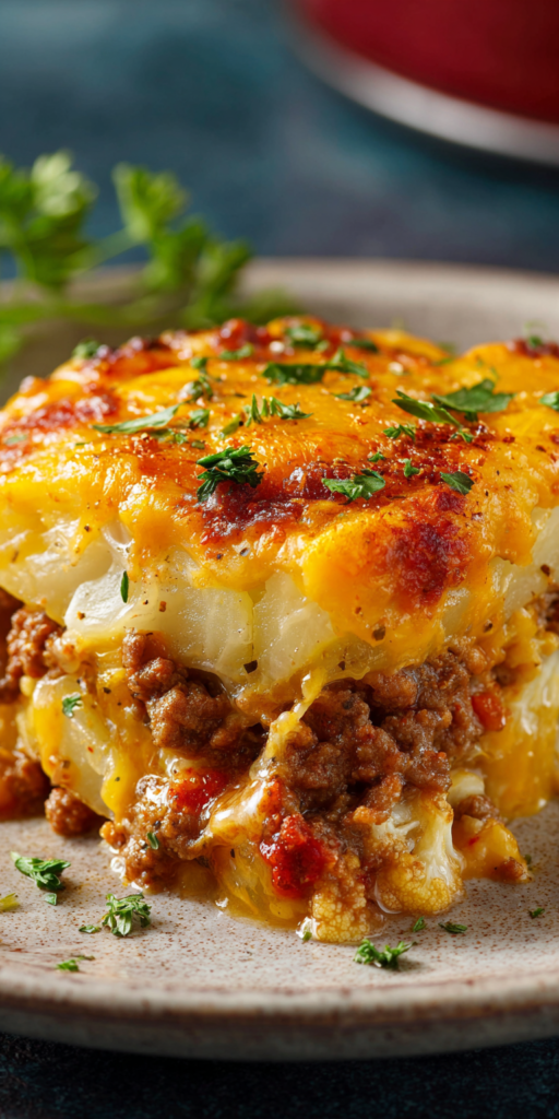 Cheesy Cauliflower & Ground Beef Potato Bake Recipe