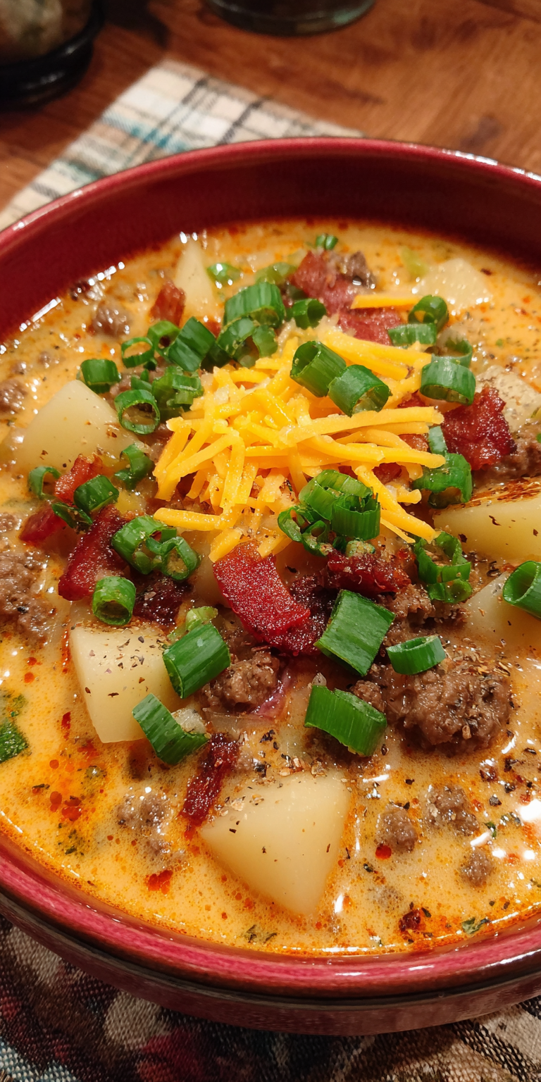 Cheesy Hamburger Potato Soup served warm with cozy spices