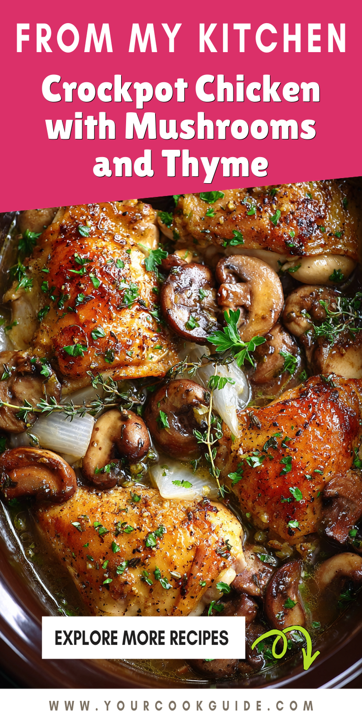 Crockpot Chicken with Mushrooms and Thyme served warm with cozy spices