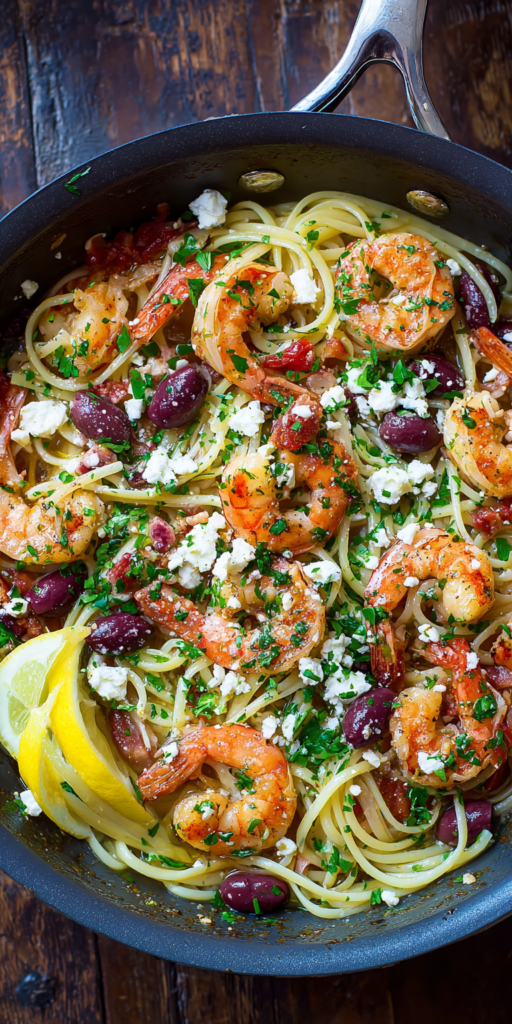 Greek Shrimp Scampi with Feta & Olives Recipe