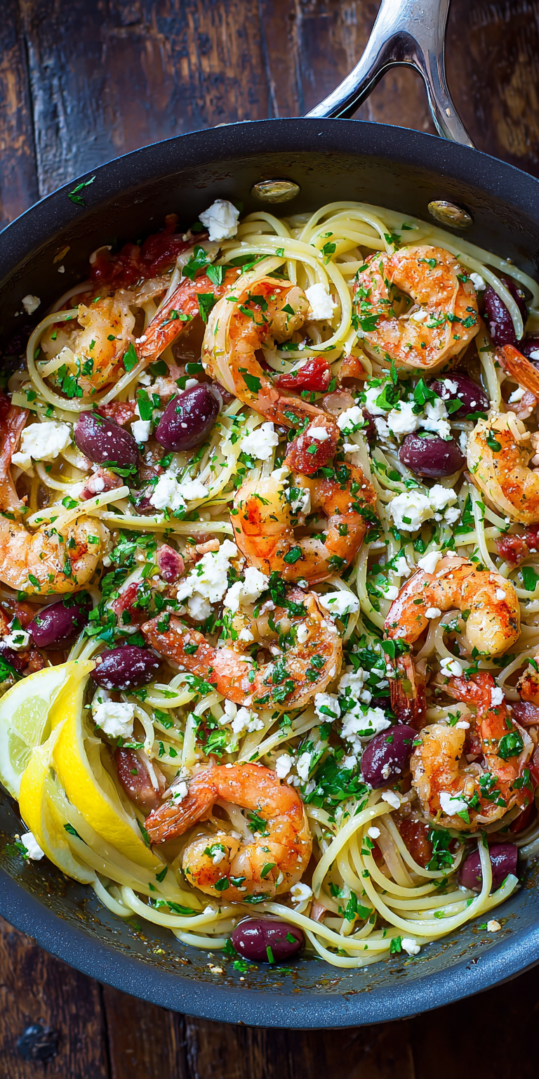 Greek Shrimp Scampi with Feta & Olives | A Mediterranean Twist served warm with cozy spices
