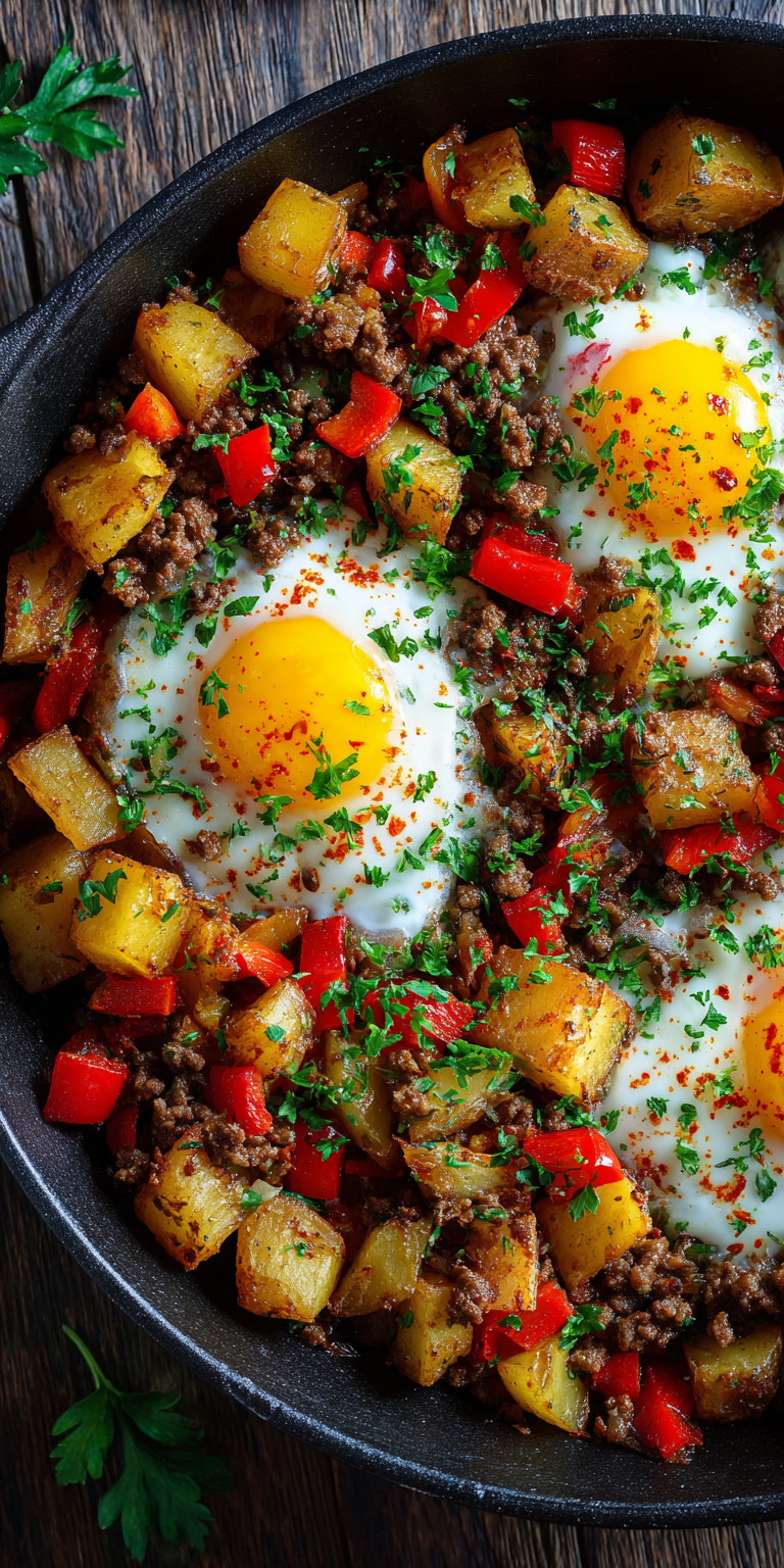 Ground Beef & Potato Breakfast Hash served warm with cozy spices