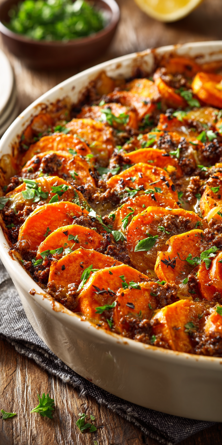 Ground Beef & Sweet Potato Bake served warm with cozy spices