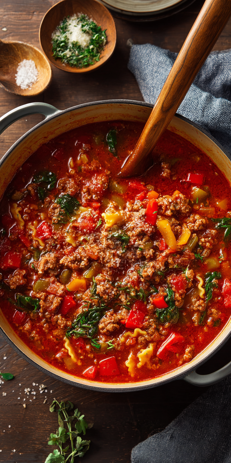 Italian Sausage & Bell Pepper Lasagna Soup served warm with cozy spices