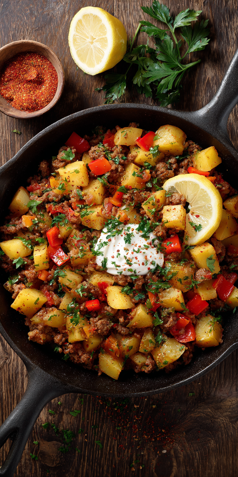 Mediterranean Ground Beef & Potato Skillet served warm with cozy spices