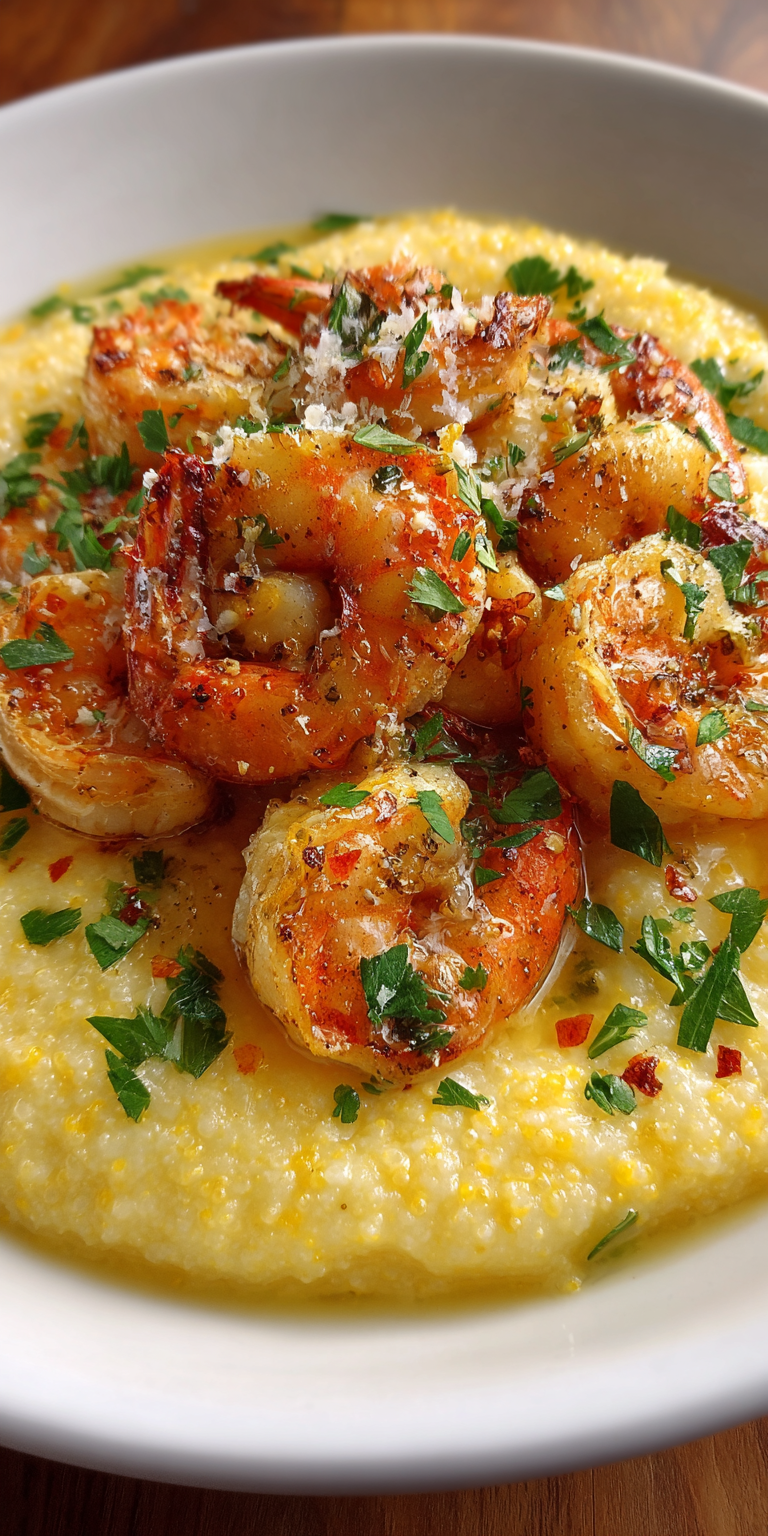 Shrimp Scampi Over Creamy Polenta served warm with cozy spices