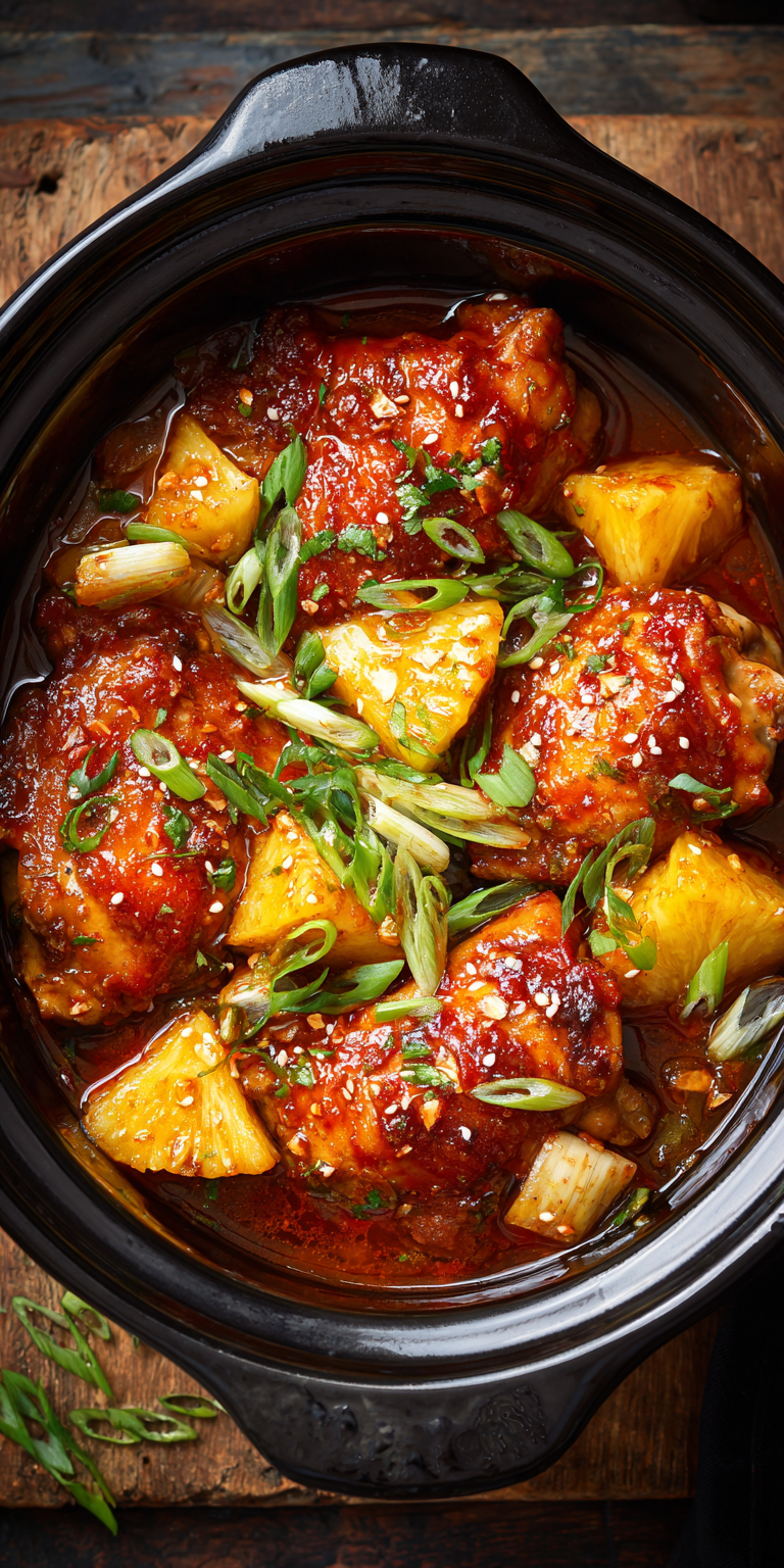 Slow Cooker BBQ Pineapple Chicken served warm with cozy spices