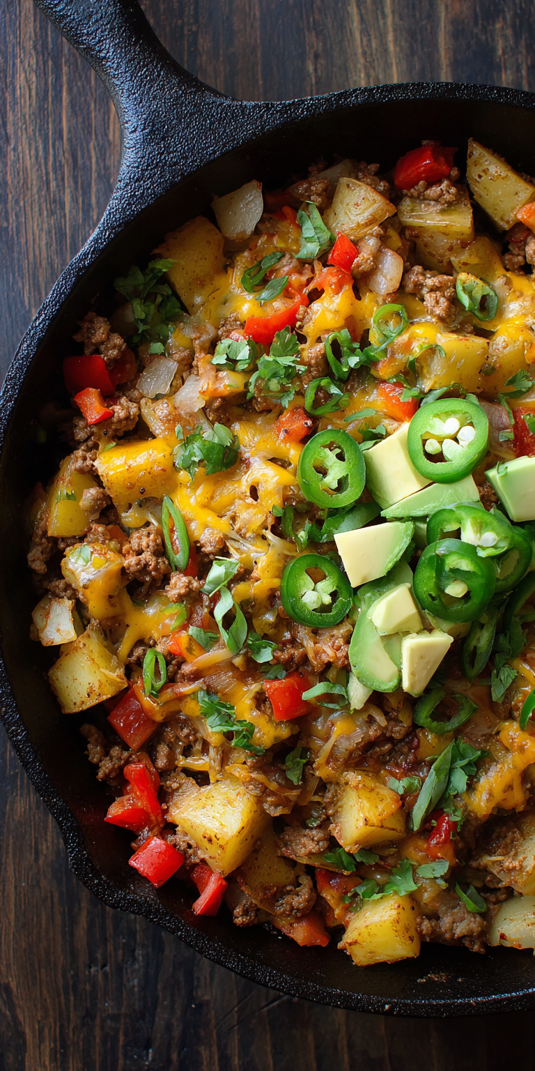 Tex-Mex Loaded Ground Beef & Potato Skillet served warm with cozy spices