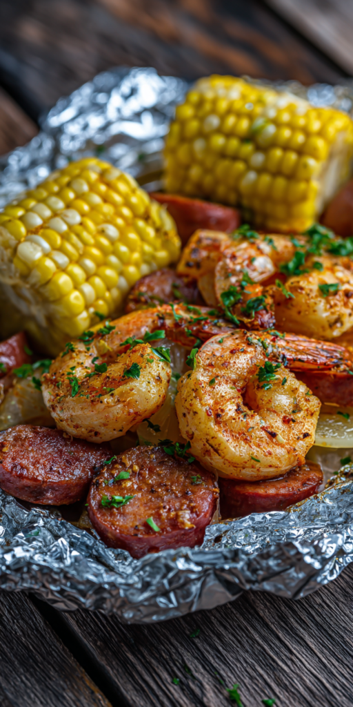 Cajun Spiced Foil Packet Shrimp with Corn & Sausage Recipe
