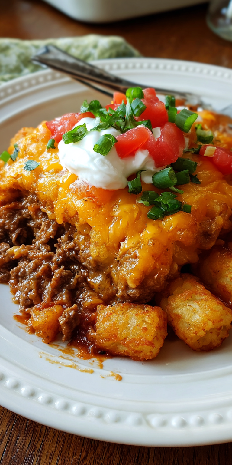 Cheesy Tater Tot & Chipotle Beef Casserole served warm with cozy spices
