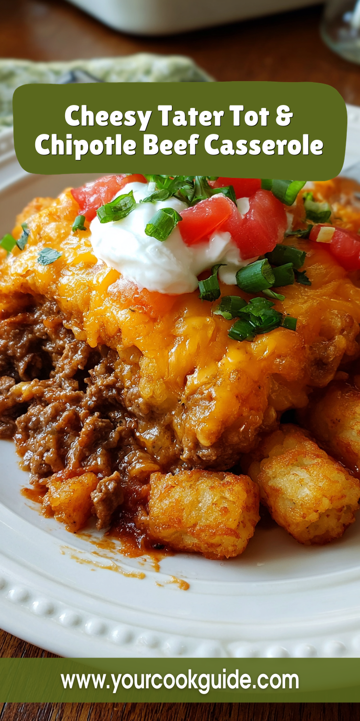 Cheesy Tater Tot & Chipotle Beef Casserole served warm with cozy spices