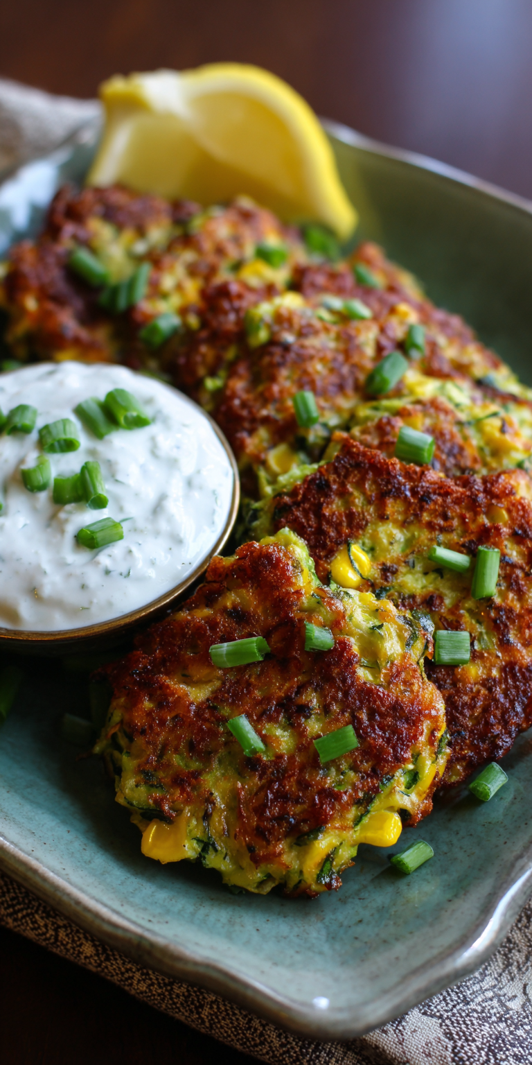 Corn & Scallion Zucchini Fritters with Garlic Aioli served warm with cozy spices