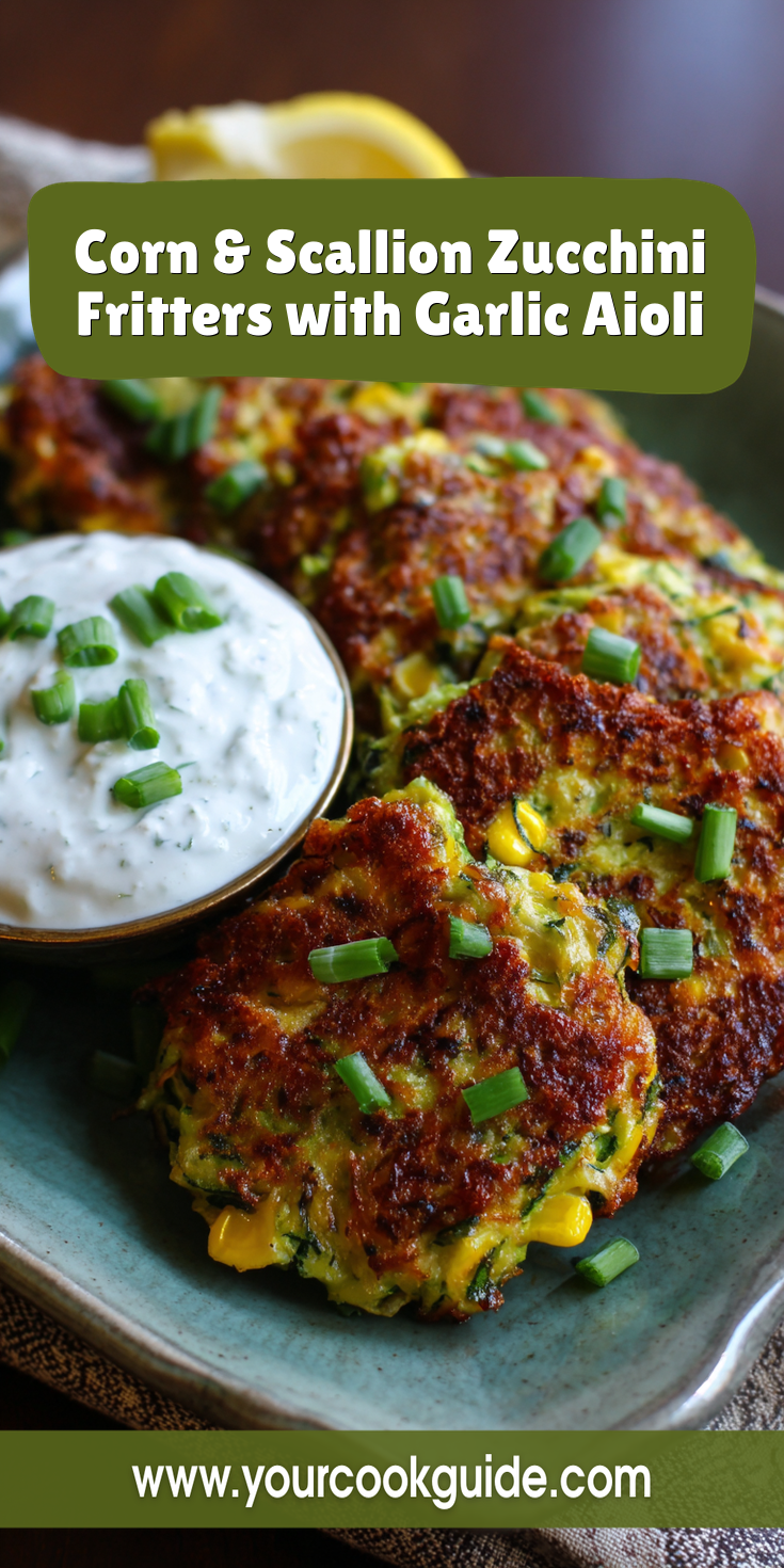 Corn & Scallion Zucchini Fritters with Garlic Aioli served warm with cozy spices