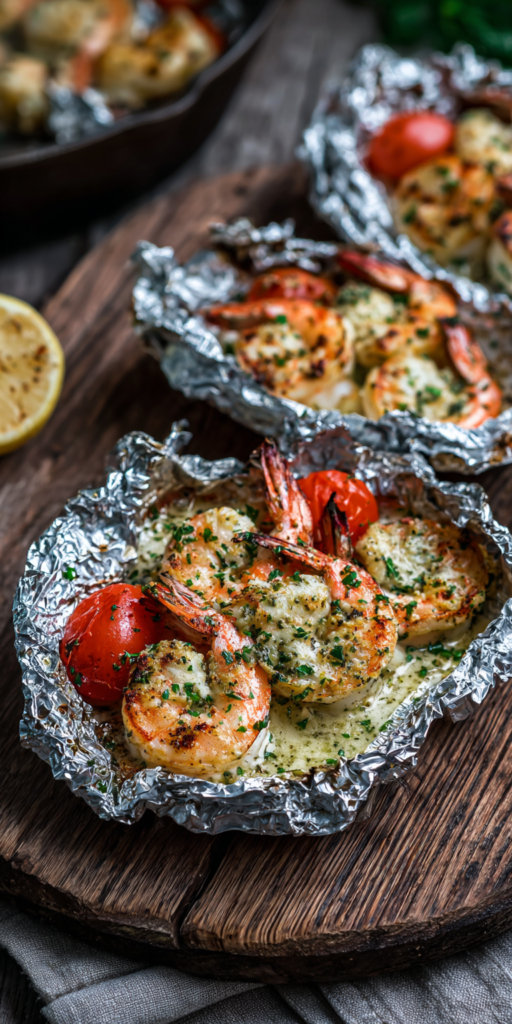 Creamy Parmesan & Pesto Shrimp Foil Packets Recipe