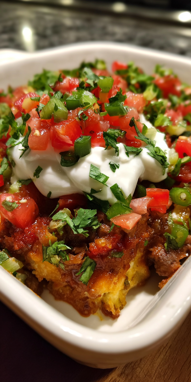 Fresh Pico de Gallo Topped Chipotle Beef Casserole served warm with cozy spices