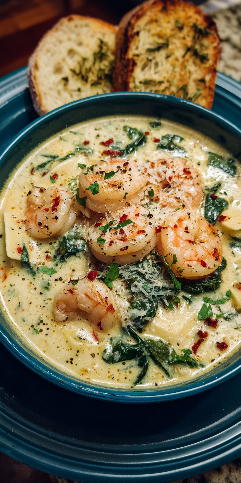 Lemon Ricotta & Spinach Shrimp Lasagna Soup served warm with cozy spices