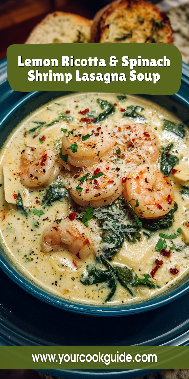 Lemon Ricotta & Spinach Shrimp Lasagna Soup served warm with cozy spices