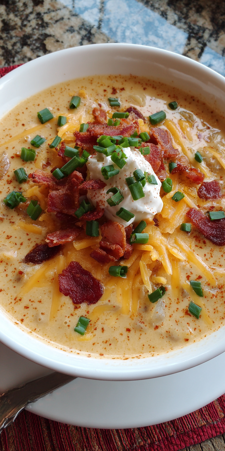 Loaded Cheesy Bacon Cajun Potato Soup served warm with cozy spices