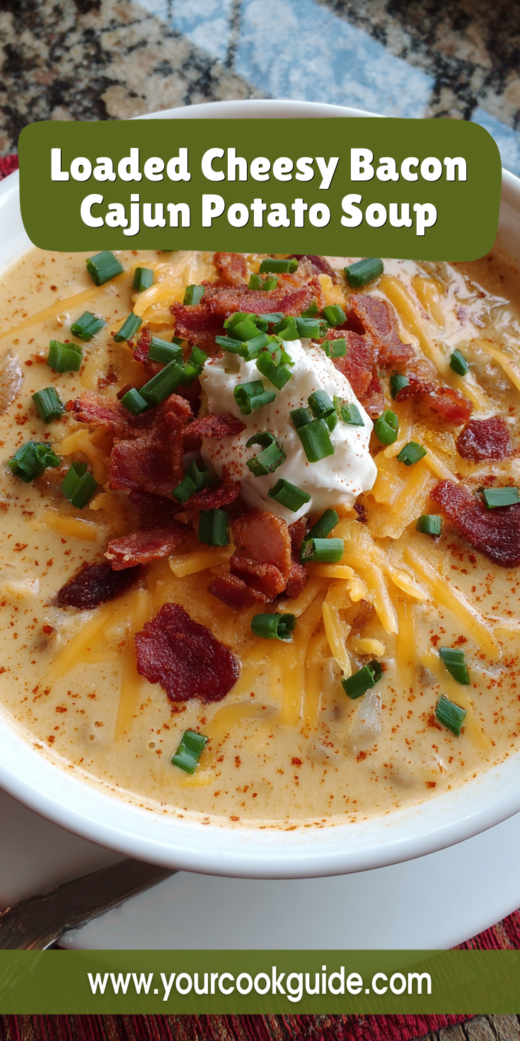 Loaded Cheesy Bacon Cajun Potato Soup served warm with cozy spices