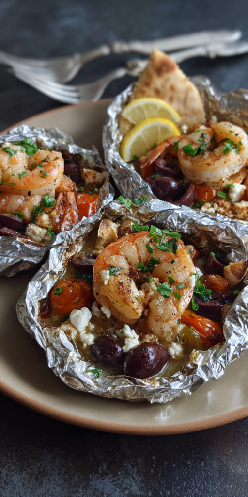 Mediterranean Shrimp Packets with Olives & Feta Recipe