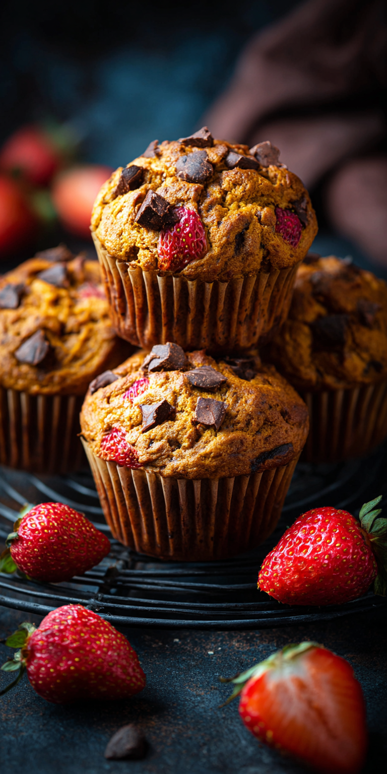 Pumpkin Banana Muffins with Strawberry & Dark Chocolate Chunks served warm with cozy spices