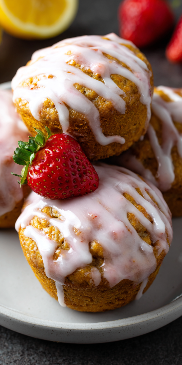 Pumpkin Banana Muffins with Strawberry & Lemon Glaze served warm with cozy spices