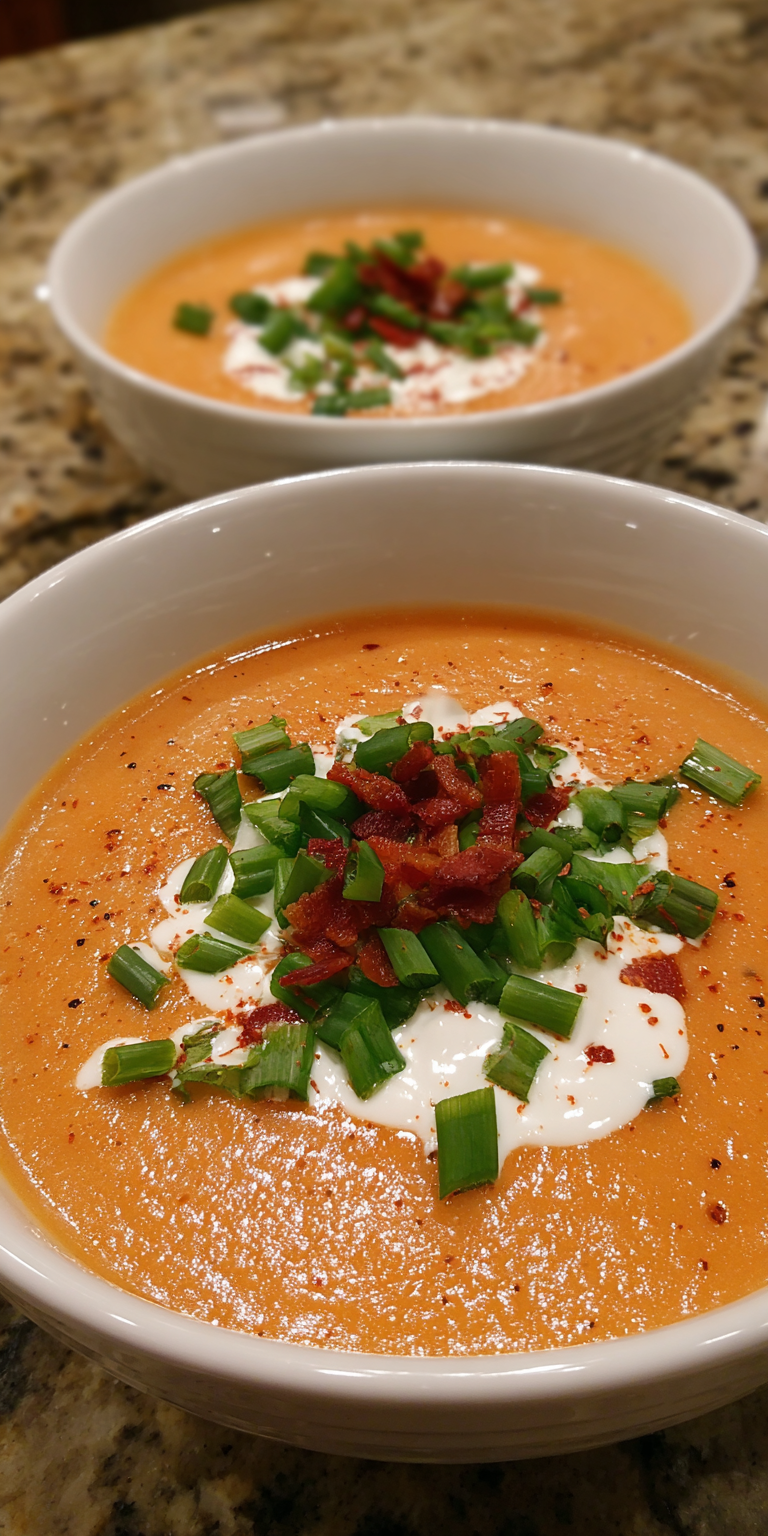 Roasted Red Pepper & Cajun Potato Soup served warm with cozy spices