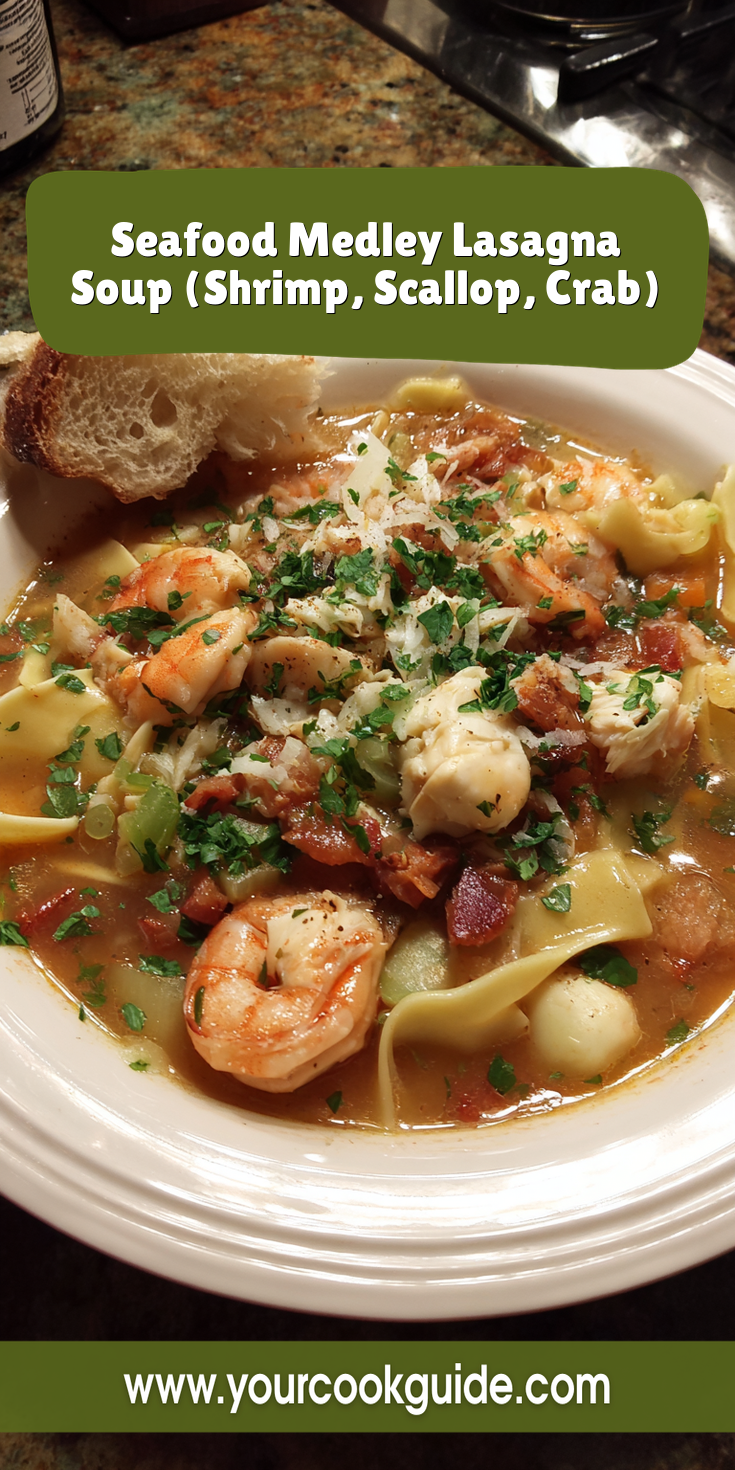 Seafood Medley Lasagna Soup (Shrimp, Scallop, Crab) served warm with cozy spices