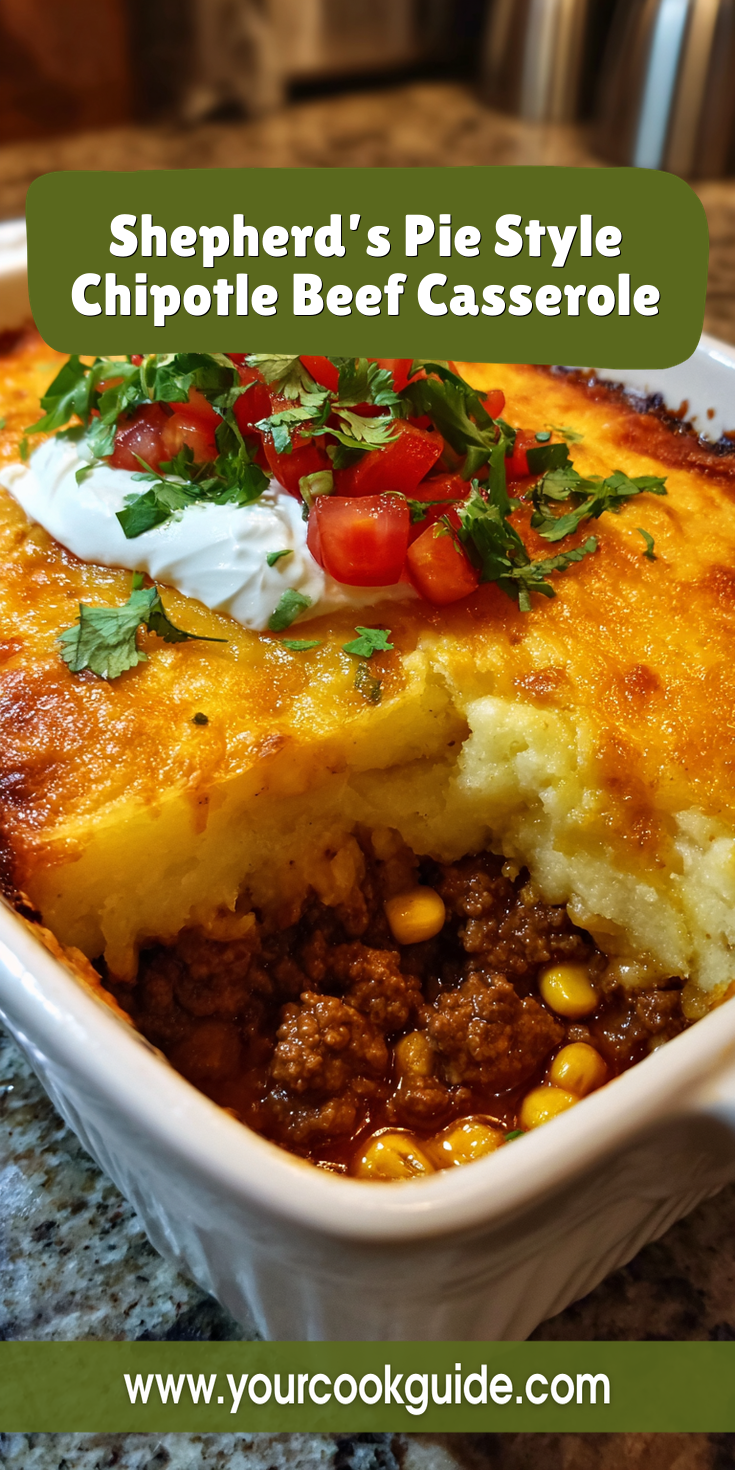Shepherd’s Pie Style Chipotle Beef Casserole served warm with cozy spices