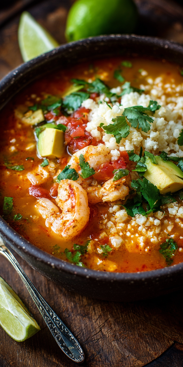 Skinny Chicken & Shrimp Taco Soup with Cauliflower Rice served warm with cozy spices