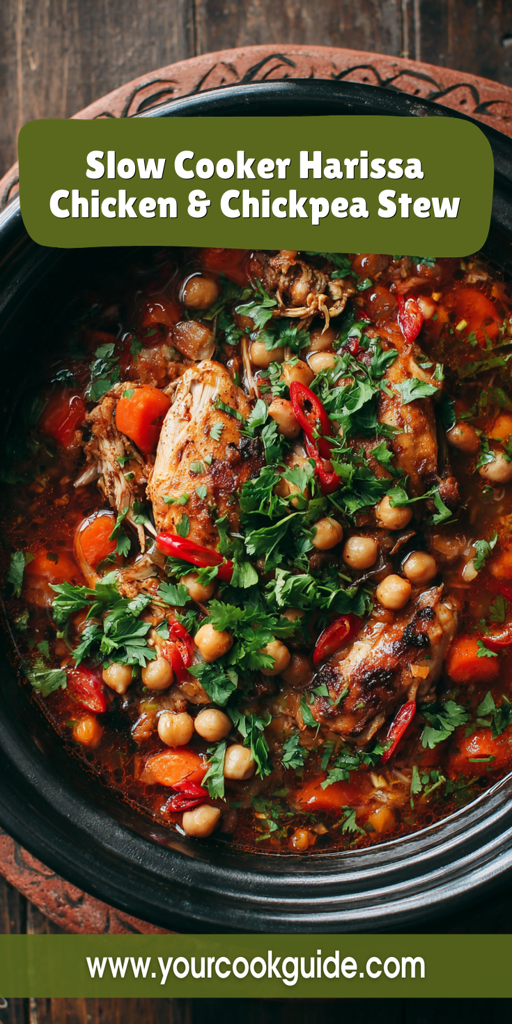 Slow Cooker Harissa Chicken & Chickpea Stew served warm with cozy spices