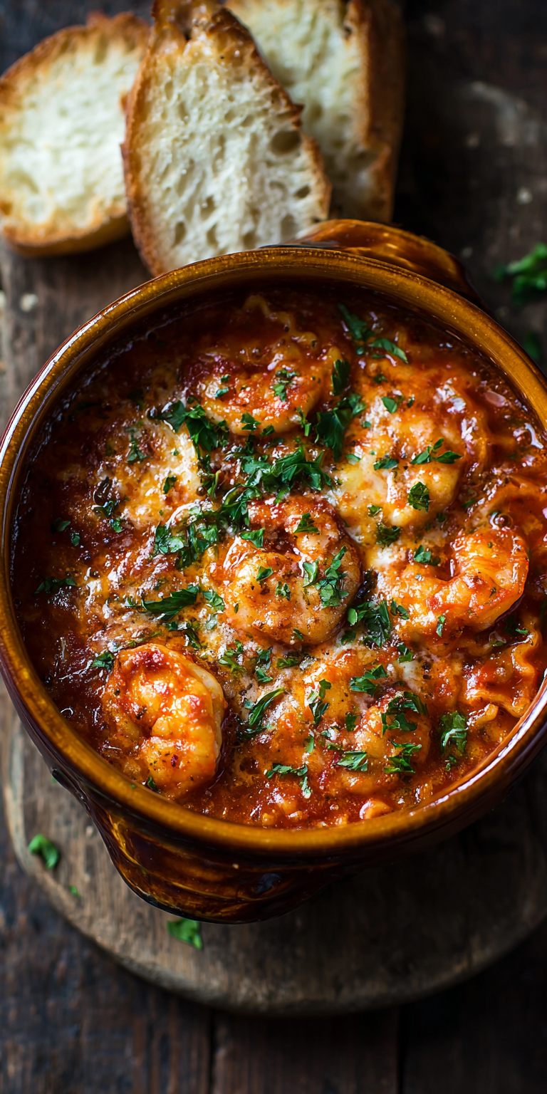 Spicy Arrabbiata Shrimp Lasagna Soup served warm with cozy spices