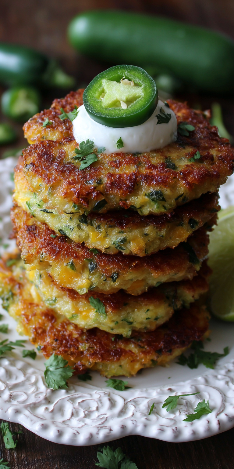 Spicy Jalapeño & Cheddar Zucchini Fritters served warm with cozy spices