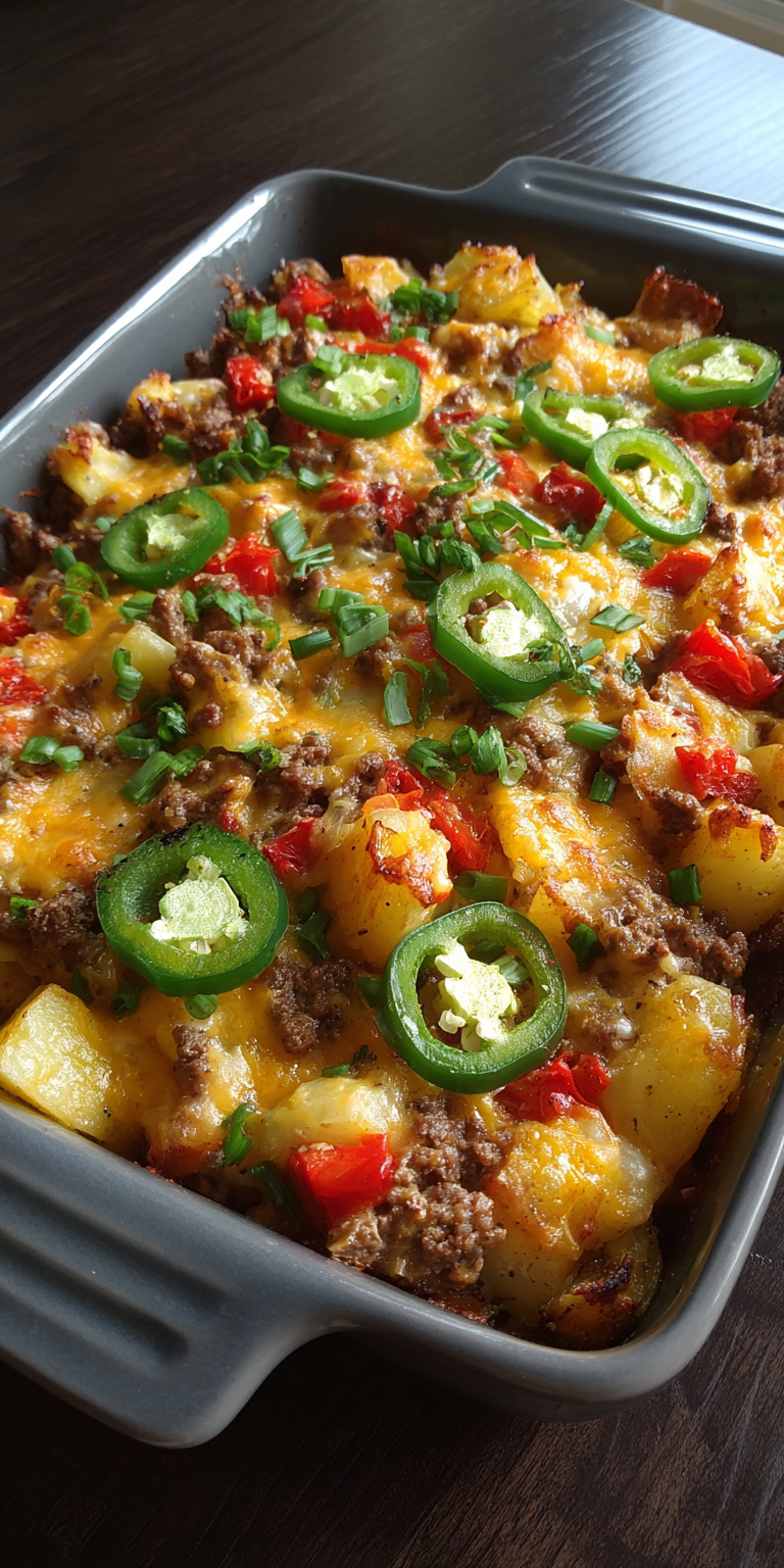 Spicy Jalapeño Popper Beef & Potato Casserole served warm with cozy spices