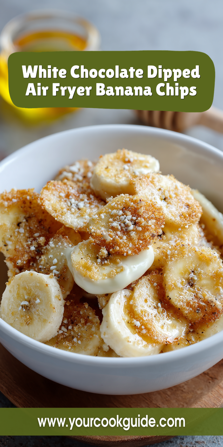 White Chocolate Dipped Air Fryer Banana Chips served warm with cozy spices