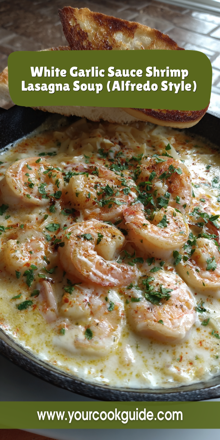 White Garlic Sauce Shrimp Lasagna Soup (Alfredo Style) served warm with cozy spices
