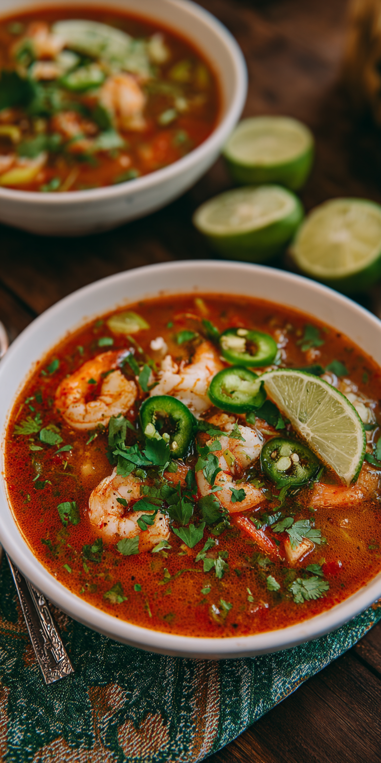 Zesty Lime & Cilantro Chicken Shrimp Taco Soup served warm with cozy spices
