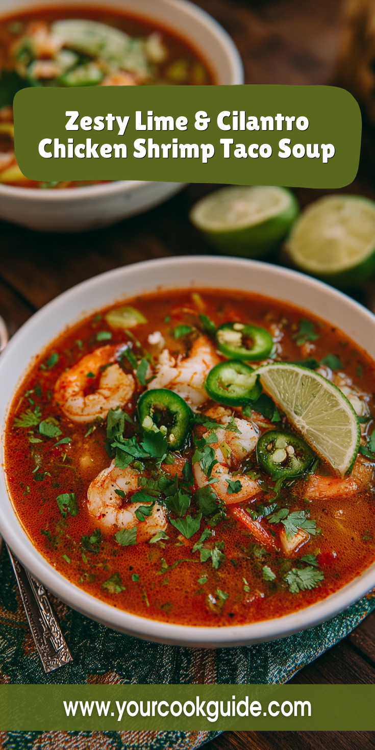 Zesty Lime & Cilantro Chicken Shrimp Taco Soup served warm with cozy spices