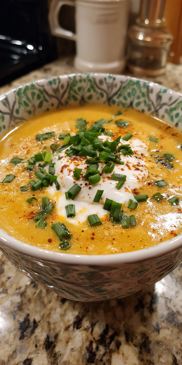 Zesty Sour Cream & Chive Cajun Potato Soup served warm with cozy spices