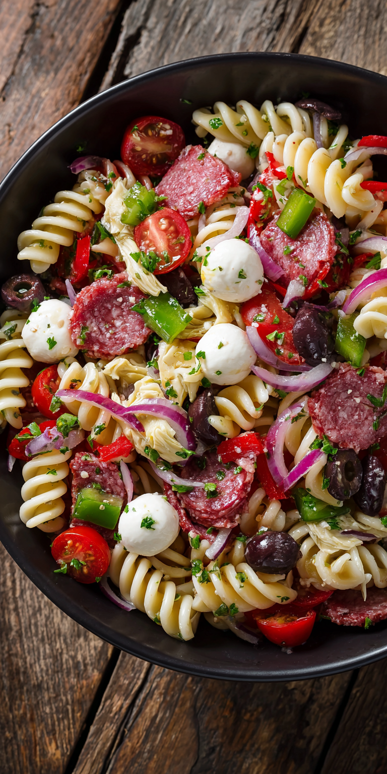 Antipasto Pepperoni Cold Pasta Salad served warm with cozy spices