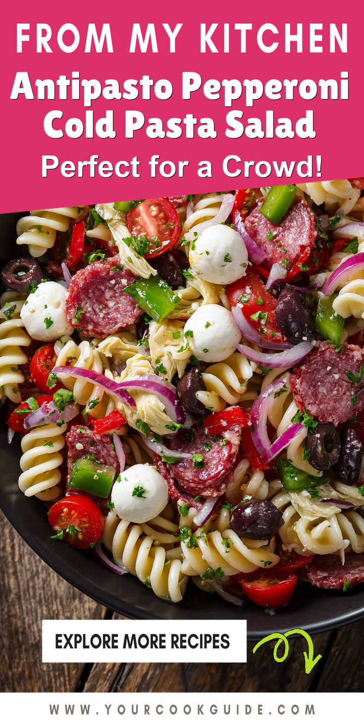 Antipasto Pepperoni Cold Pasta Salad served warm with cozy spices