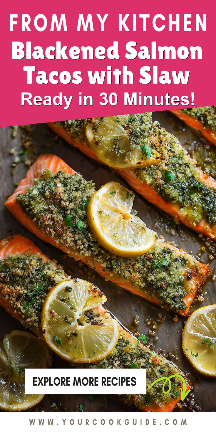 Blackened Salmon Tacos with Slaw served warm with cozy spices