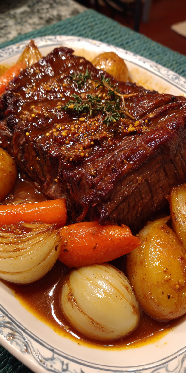 Brown Sugar & Mustard Glazed Corned Beef served warm with cozy spices