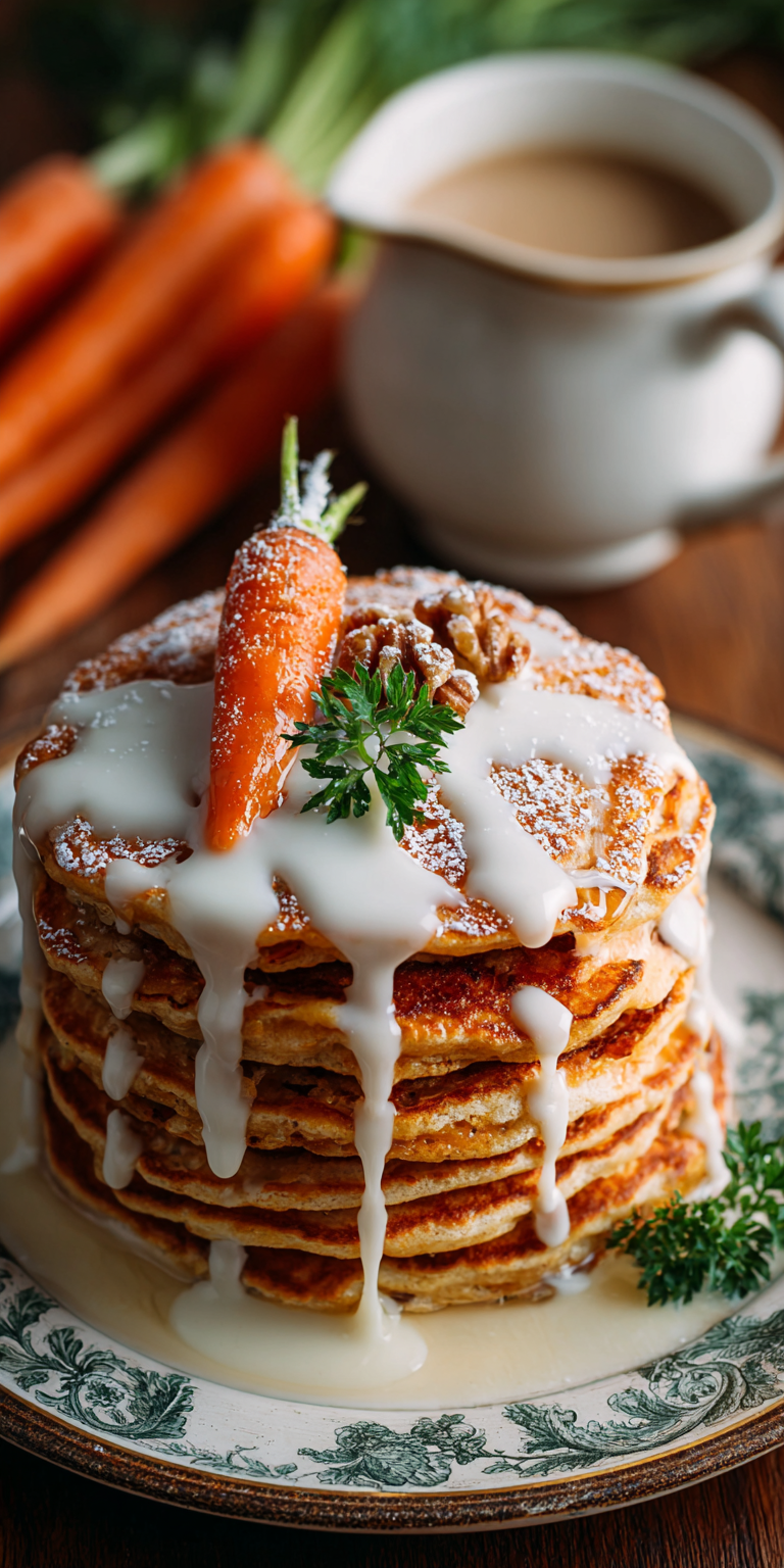 Carrot Cake Pancakes with Syrup served warm with cozy spices